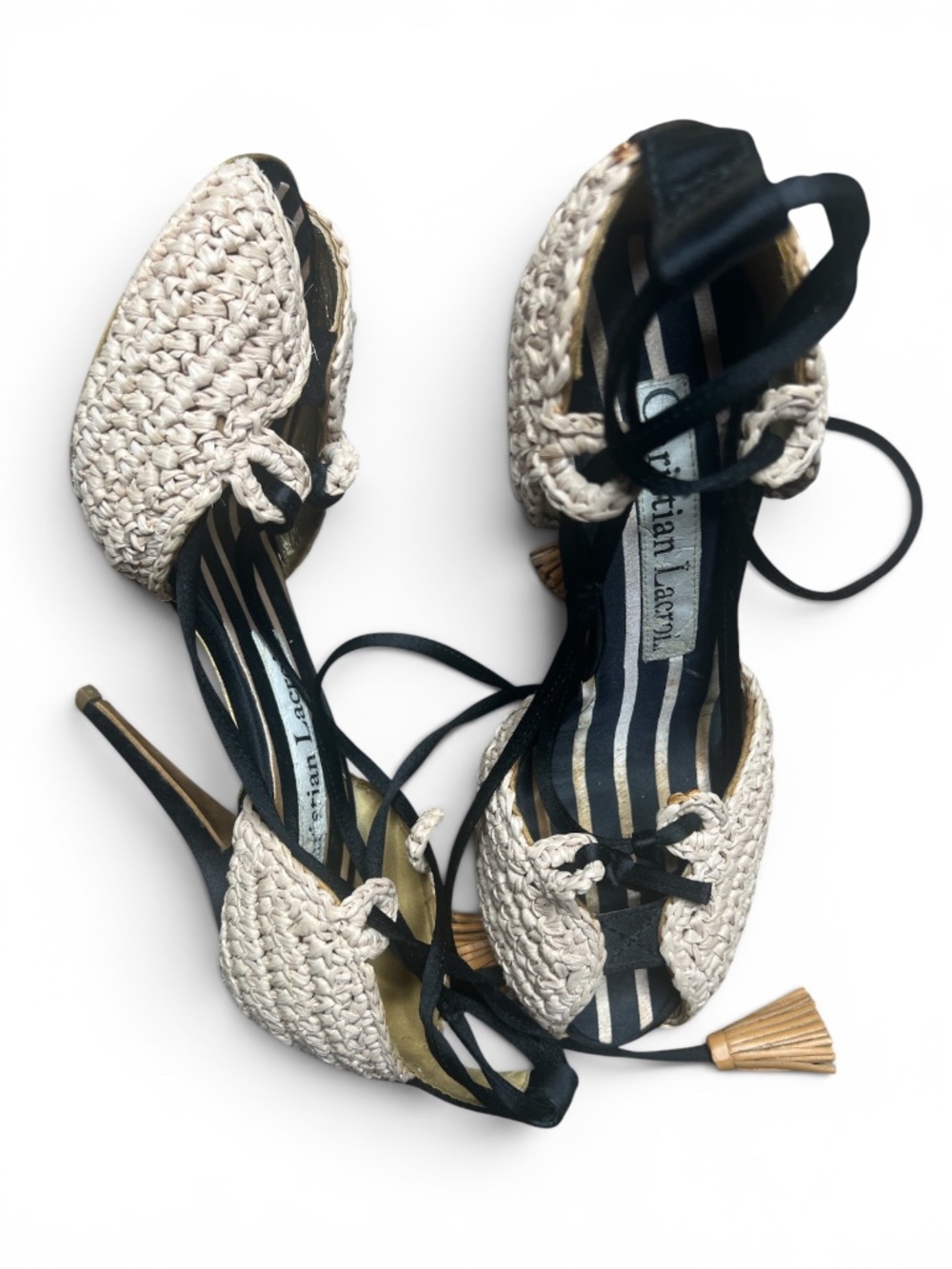 Christian Lacroix Vintage Women's Raffia Lace Up Tassel Sandals Shoes US 5 IT 35
